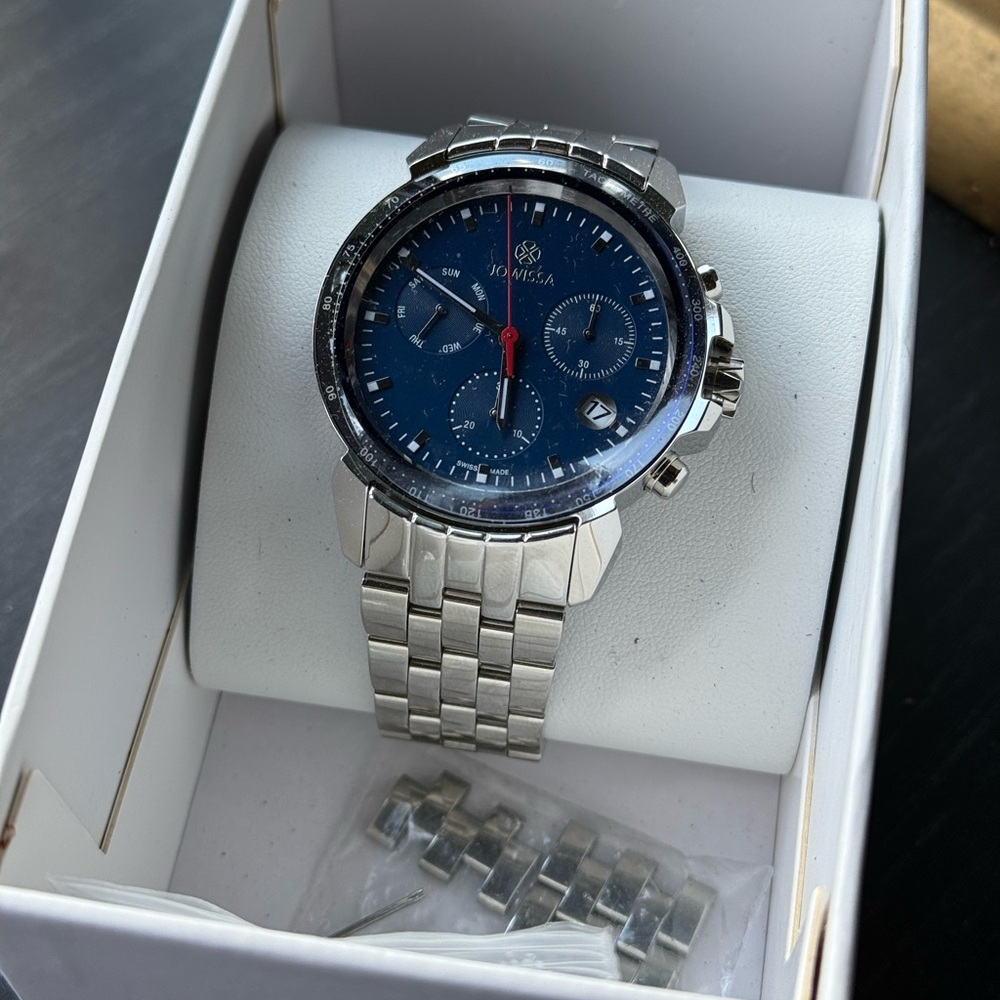 Men’s Silver Stainless Steel Bracelet Watch with Blue Dial